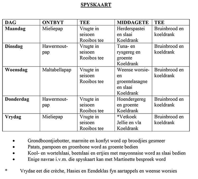 Soenêtjie Soenetjie kleuterskool Creche Spyskaart